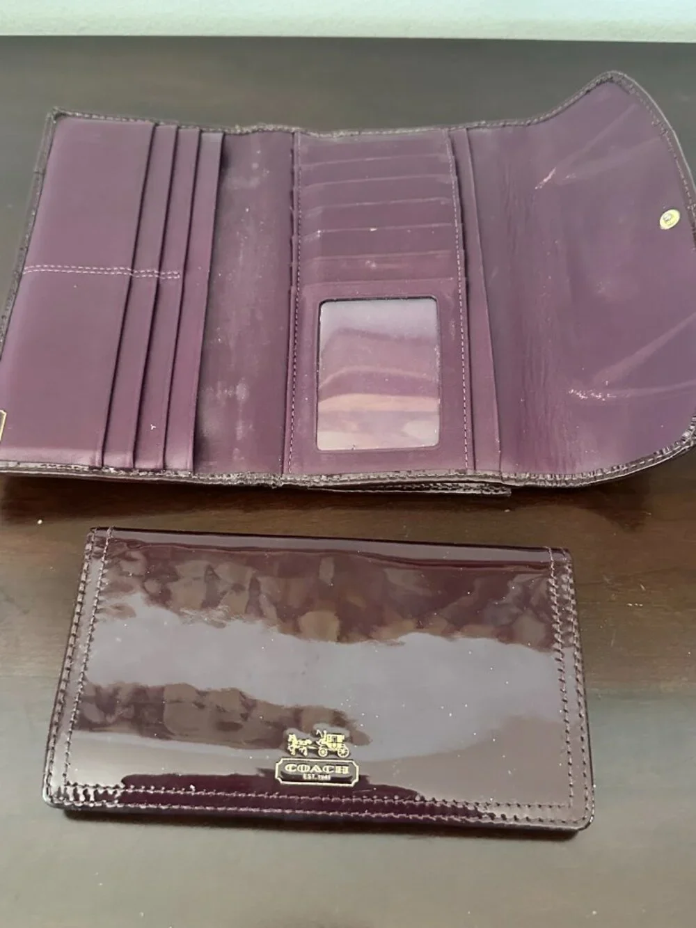 Coach Madison Burgundy Patent Leather Trifold Wallet With Check Book